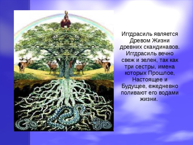 Иггдрасиль является Древом Жизни древних скандинавов. Иггдрасиль вечно свеж и зелен, так как три сестры, имена которых Прошлое, Настоящее и Будущее, ежедневно поливают его водами жизни. 