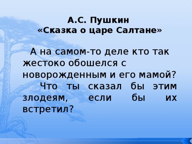 А.С. Пушкин «Сказка о царе Салтане»   А на самом-то деле кто так жестоко обошелся с новорожденным и его мамой?  Что ты сказал бы этим злодеям, если бы их встретил? 