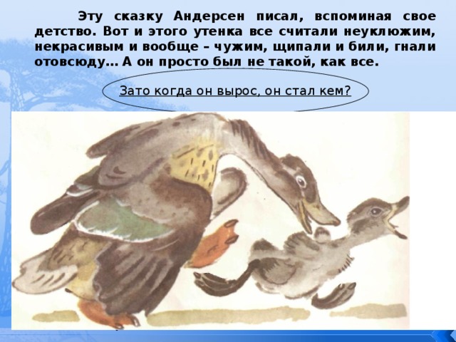  Эту сказку Андерсен писал, вспоминая свое детство. Вот и этого утенка все считали неуклюжим, некрасивым и вообще – чужим, щипали и били, гнали отовсюду… А он просто был не такой, как все. Зато когда он вырос, он стал кем? 