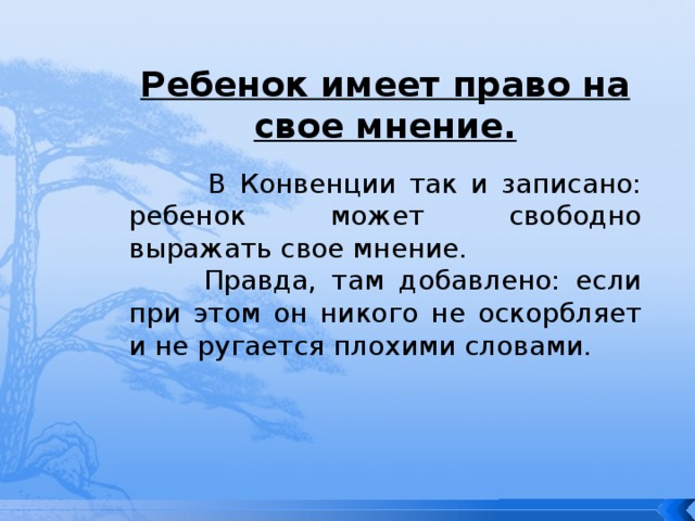 Ребенок имеет право на свое мнение.  В Конвенции так и записано: ребенок может свободно выражать свое мнение.  Правда, там добавлено: если при этом он никого не оскорбляет и не ругается плохими словами. 