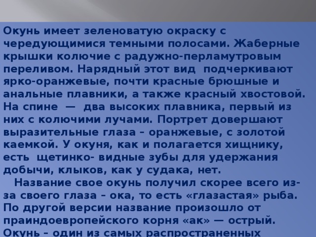 Окунь имеет зеленоватую окраску с чередующимися темными полосами. Жаберные крышки колючие с радужно-перламутровым переливом. Нарядный этот вид  подчеркивают ярко-оранжевые, почти красные брюшные и анальные плавники, а также красный хвостовой. На спине  —  два высоких плавника, первый из них с колючими лучами. Портрет довершают выразительные глаза – оранжевые, с золотой каемкой. У окуня, как и полагается хищнику, есть  щетинко- видные зубы для удержания добычи, клыков, как у судака, нет.    Название свое окунь получил скорее всего из-за своего глаза – ока, то есть «глазастая» рыба. По другой версии название произошло от праиндоевропейского корня «ак» — острый.   Окунь – один из самых распространенных хищников, которого можно встретить в любых водоемах нашей страны. 