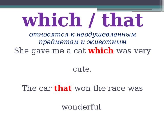 which / that  относятся к неодушевленным предметам и животным   She gave me a cat which was very cute. The car that won the race was wonderful. 