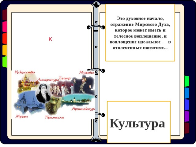 Это духовное начало, отражение Мирового Духа, которое может иметь и телесное воплощение, и воплощение идеальное — в отвлеченных понятиях... К Культура  
