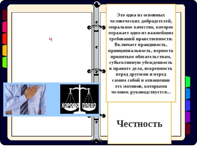 Это одна из основных человеческих добродетелей, моральное качество, которое отражает одно из важнейших требований нравственности. Включает правдивость, принципиальность, верность принятым обязательствам, субъективную убежденность в правоте дела, искренность перед другими и перед самим собой в отношении тех мотивов, которыми человек руководствуется... Ч Честность  