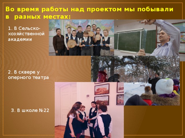 Во время работы над проектом мы побывали в разных местах: 1. В Сельско- хозяйственной академии 2. В сквере у оперного театра 3. В школе №22 