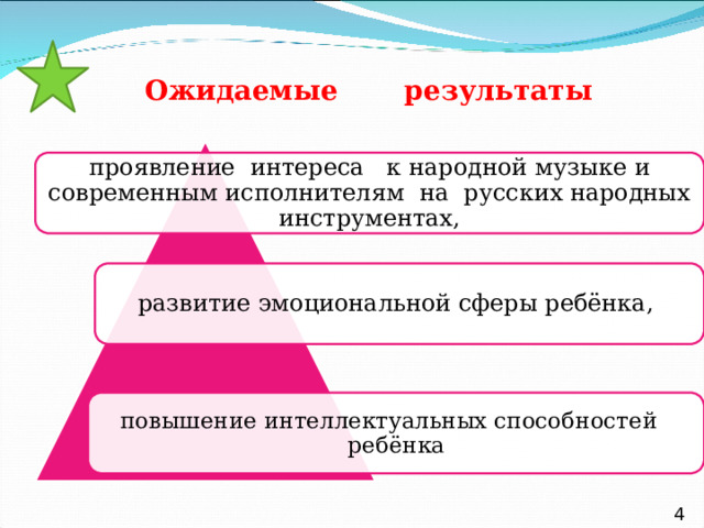  Ожидаемые результаты проявление интереса к народной музыке и современным исполнителям на русских народных инструментах, развитие эмоциональной сферы ребёнка, повышение интеллектуальных способностей ребёнка 4 