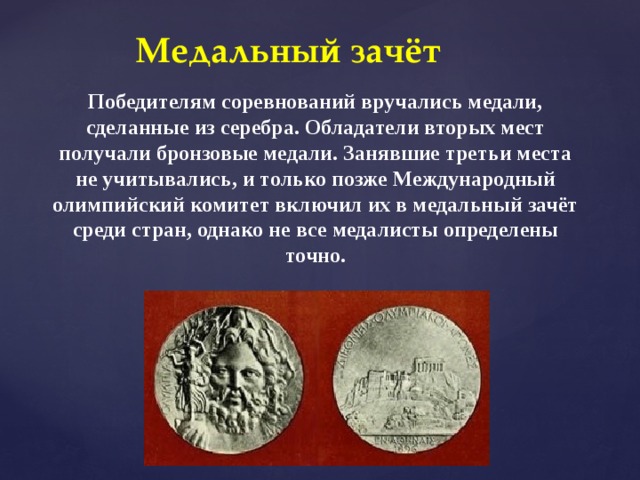 Медальный зачёт Победителям соревнований вручались медали, сделанные из серебра. Обладатели вторых мест получали бронзовые медали. Занявшие третьи места не учитывались, и только позже Международный олимпийский комитет включил их в медальный зачёт среди стран, однако не все медалисты определены точно. 