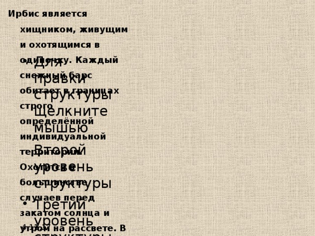 Ирбис является хищником, живущим и охотящимся в одиночку. Каждый снежный барс обитает в границах строго определённой индивидуальной территории. Охотится в большинстве случаев перед закатом солнца и утром на рассвете. В дикой природе ирбисы в основном питаются копытными: голубыми баранами, сибирскими горными козлами, винторогими козлами, архарами, тарами, такинами, серау, горалами, косулями, маралами, кабаргой, оленями, кабанами.  