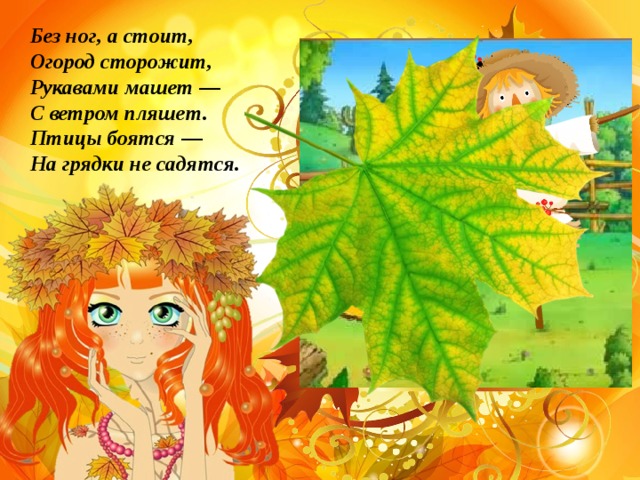  Без ног, а стоит, Огород сторожит, Рукавами машет — С ветром пляшет. Птицы боятся — На грядки не садятся. 