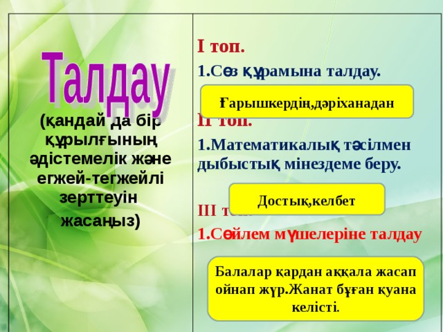 (қандай да бір құрылғының әдістемелік және егжей-тегжейлі зерттеуін жасаңыз)  І топ. Сөз құрамына талдау.  ІІ топ. 1.Математикалық тәсілмен дыбыстық мінездеме беру.  ІІІ топ. 1.Сөйлем мүшелеріне талдау    Ғарышкердің,дәріханадан Достық,келбет Балалар қардан аққала жасап ойнап жүр.Жанат бұған қуана келісті .  
