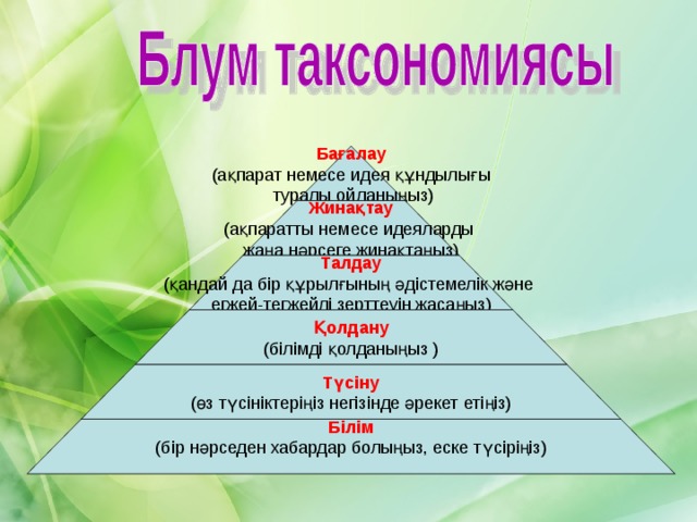 Бағалау (ақпарат немесе идея құндылығы  туралы ойланыңыз) Жинақтау (ақпаратты немесе идеяларды жаңа нәрсеге жинақтаңыз) Талдау (қандай да бір құрылғының әдістемелік және егжей-тегжейлі зерттеуін жасаңыз) Қолдану (білімді қолданыңыз ) Түсіну (өз түсініктеріңіз негізінде әрекет етіңіз) Білім (бір нәрседен хабардар болыңыз, еске түсіріңіз) 