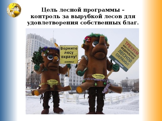 Цель лесной программы – контроль за вырубкой лесов для удовлетворения собственных благ. 