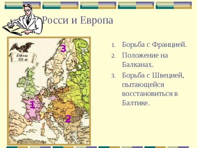 Росси и Европа Борьба с Францией. Положение на Балканах. Борьба с Швецией, пытающейся восстановиться в Балтике. 3 1 2 