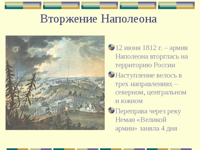 Вторжение Наполеона 12 июня 1812 г. – армия Наполеона вторглась на территорию России Наступление велось в трех направлениях – северном, центральном и южном Переправа через реку Неман «Великой армии» заняла 4 дня 