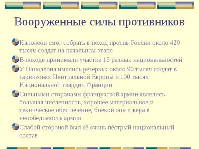 Вооруженные силы противников Наполеон смог собрать в поход против России около 420 тысяч солдат на начальном этапе В походе принимали участие 16 разных национальностей У Наполеона имелись резервы: около 90 тысяч солдат в гарнизонах Центральной Европы и 100 тысяч Национальной гвардии Франции Сильными сторонами французской армии являлись большая численность, хорошее материальное и техническое обеспечение, боевой опыт, вера в непобедимость армии Слабой стороной был её очень пёстрый национальный состав 