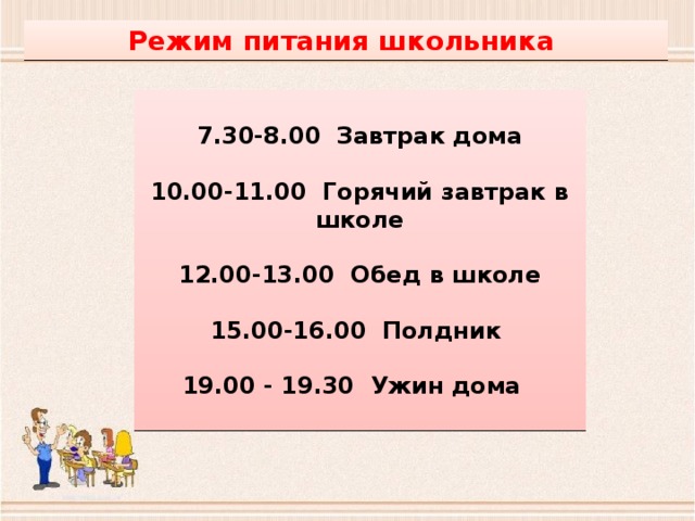 Режим питания школьника  7.30-8.00 Завтрак дома  10.00-11.00 Горячий завтрак в школе  12.00-13.00 Обед в школе  15.00-16.00 Полдник  19.00 - 19.30 Ужин дома  