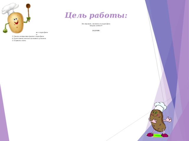 Цель работы: Исследовать, является ли картофель  вторым хлебом?!    ЗАДАЧИ:  1. Изучить литературу и историю о картофеле.  2. Провести опыты с картофелем.  3. Узнать интересные факты о картофеле.  4. Приготовить чипсы в домашних условиях.  5. Подвести итоги. 