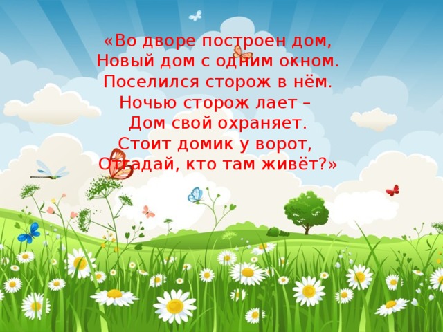«Во дворе построен дом, Новый дом с одним окном. Поселился сторож в нём. Ночью сторож лает – Дом свой охраняет. Стоит домик у ворот, Отгадай, кто там живёт?» 