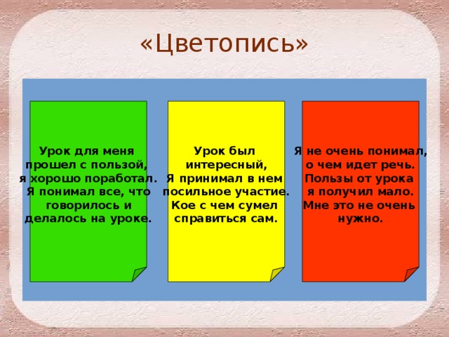 «Цветопись» Я не очень понимал, Урок для меня Урок был интересный, о чем идет речь. прошел с пользой, я хорошо поработал. Я принимал в нем Пользы от урока посильное участие. я получил мало. Я понимал все, что Кое с чем сумел Мне это не очень  говорилось и нужно. справиться сам. делалось на уроке. 
