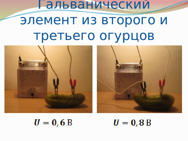 Гальванический элемент из второго и третьего огурцов 
