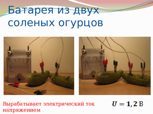  Батарея из двух соленых огурцов Вырабатывает электрический ток напряжением 