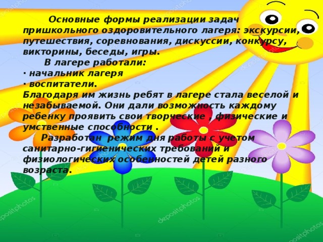  Основные формы реализации задач пришкольного оздоровительного лагеря: экскурсии, путешествия, соревнования, дискуссии, конкурсу, викторины, беседы, игры.  В лагере работали:  · начальник лагеря  · воспитатели.  Благодаря им жизнь ребят в лагере стала веселой и незабываемой. Они дали возможность каждому ребенку проявить свои творческие , физические и умственные способности .  Разработан режим дня работы с учетом санитарно-гигиенических требований и физиологических особенностей детей разного возраста.   