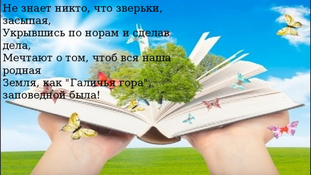 Не знает никто, что зверьки, засыпая,   Укрывшись по норам и сделав дела,   Мечтают о том, чтоб вся наша родная   Земля, как 