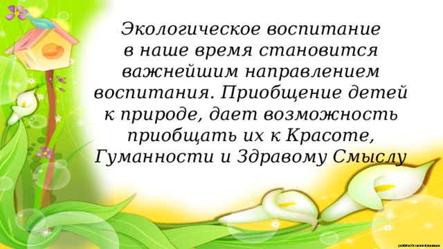 Экологическое воспитание  в наше время становится важнейшим направлением воспитания. Приобщение детей к природе, дает возможность приобщать их к Красоте, Гуманности и Здравому Смыслу 
