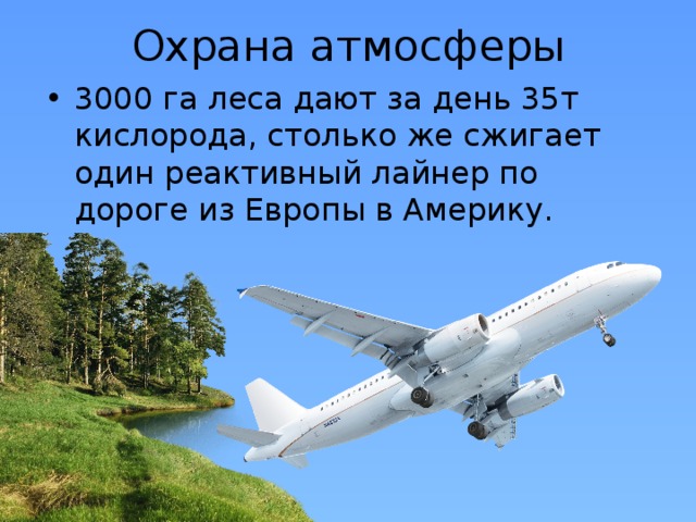 Охрана атмосферы 3000 га леса дают за день 35т кислорода, столько же сжигает один реактивный лайнер по дороге из Европы в Америку. 