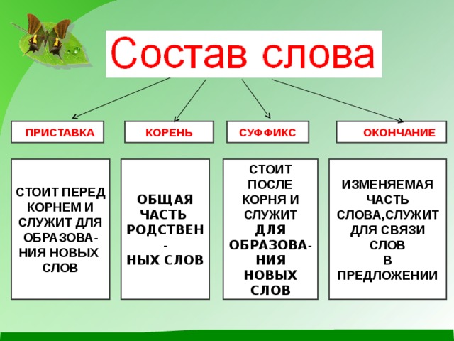  ПРИСТАВКА КОРЕНЬ СУФФИКС  ОКОНЧАНИЕ СТОИТ ПОСЛЕ КОРНЯ И  СЛУЖИТ  ДЛЯ ОБРАЗОВА - ОБЩАЯ ЧАСТЬ РОДСТВЕН - НЫХ СЛОВ СТОИТ ПЕРЕД КОРНЕМ И СЛУЖИТ ДЛЯ ОБРАЗОВА - НИЯ НОВЫХ СЛОВ ИЗМЕНЯЕМАЯ ЧАСТЬ СЛОВА,СЛУЖИТ ДЛЯ СВЯЗИ СЛОВ В ПРЕДЛОЖЕНИИ НИЯ НОВЫХ СЛОВ 