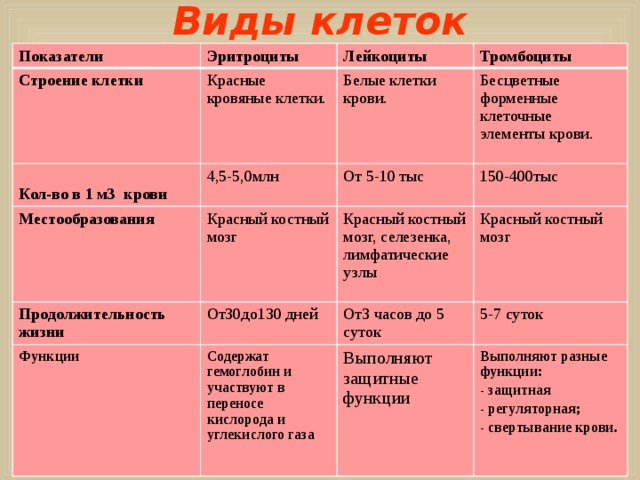 Виды клеток Показатели Эритроциты Строение клетки Лейкоциты   Красные кровяные клетки. Тромбоциты 4,5-5,0млн Кол-во в 1 м3 крови Местообразования Белые клетки крови. Бесцветные форменные клеточные элементы крови. Продолжительность жизни От 5-10 тыс Красный костный мозг Функции От30до130 дней Красный костный мозг, селезенка, лимфатические узлы 150-400тыс Красный костный мозг От3 часов до 5 суток Содержат гемоглобин и участвуют в переносе кислорода и углекислого газа 5-7 суток Выполняют защитные функции Выполняют разные функции: - защитная - регуляторная; - свертывание крови. 