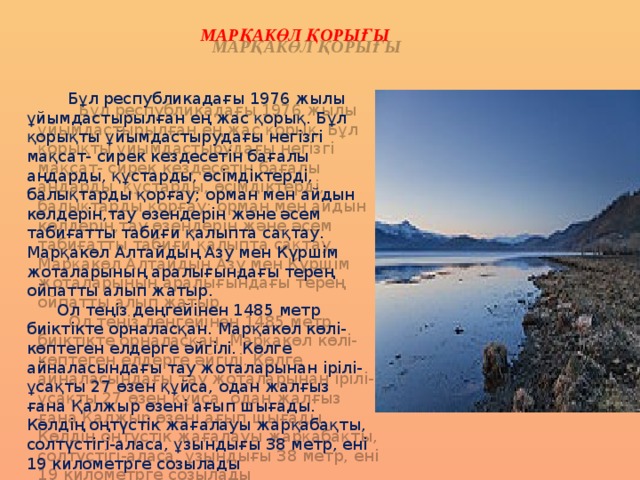 МАРҚАКӨЛ ҚОРЫҒЫ  Бұл республикадағы 1976 жылы ұйымдастырылған ең жас қорық. Бұл қорықты ұйымдастырудағы негізгі мақсат- сирек кездесетін бағалы аңдарды, құстарды, өсімдіктерді, балықтарды қорғау; орман мен айдын көлдерін,тау өзендерін және әсем табиғатты табиғи қалыпта сақтау. Марқакөл Алтайдың Азу мен Күршім жоталарының аралығындағы терең ойпатты алып жатыр.  Ол теңіз деңгейінен 1485 метр биіктікте орналасқан. Марқакөл көлі- көптеген елдерге әйгілі. Көлге айналасындағы тау жоталарынан ірілі-ұсақты 27 өзен құйса, одан жалғыз ғана Қалжыр өзені ағып шығады. Көлдің оңтүстік жағалауы жарқабақты, солтүстігі-аласа, ұзындығы 38 метр, ені 19 километрге созылады 