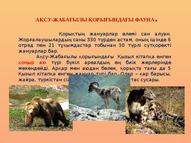 Ақсу-Жабағылы қорығындағы фауна .      Қорықтың жануарлар әлемі сан алуан. Жорғалаушылардың саны 330 түрден астам, оның ішінде 6 отряд пен 21 тұқымдастар тобынан 50 түрлі сүтқоректі жануарлар бар.    Ақсу-Жабағылы қорығындағы Қызыл кітапқа енген қоңыр аю түрі бүкіл ареалдың ең биік жерлерінде мекендейді. Арқар мен аюдан бөлек, қорықта тағы да 5 Қызыл кітапқа енген жануар түрі бар. Олар – қар барысы, жайра, түркістан сілеусіні, шұбаркүзең мен тас сусары. 