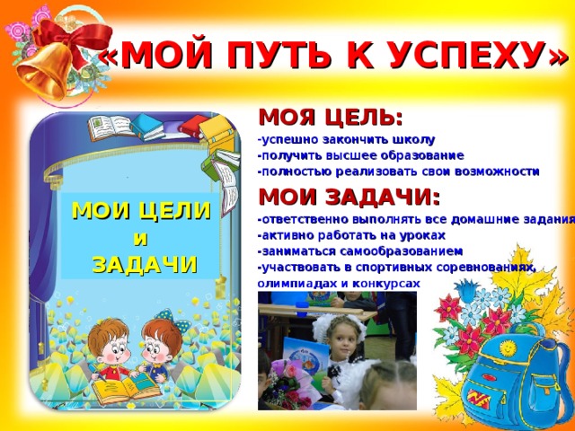  «МОЙ ПУТЬ К УСПЕХУ» МОЯ ЦЕЛЬ: - успешно закончить школу -получить высшее образование -полностью реализовать свои возможности МОИ ЗАДАЧИ: -ответственно выполнять все домашние задания -активно работать на уроках -заниматься самообразованием -участвовать в спортивных соревнованиях, олимпиадах и конкурсах   МОИ ЦЕЛИ и  ЗАДАЧИ 