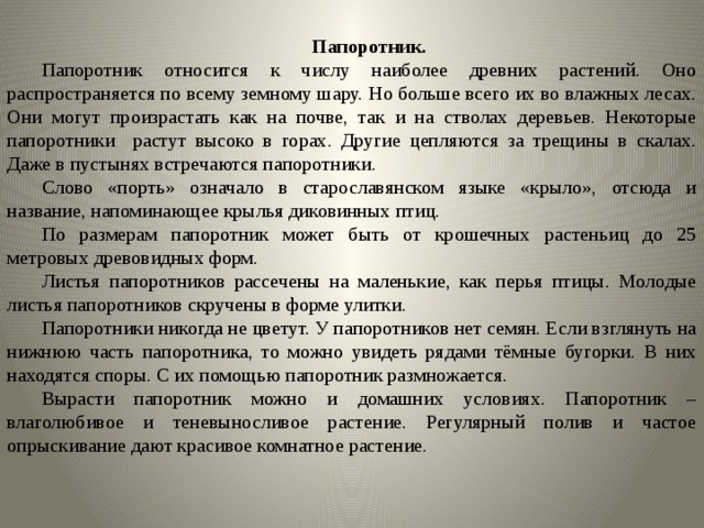 Папоротник. Папоротник относится к числу наиболее древних растений. Оно распространяется по всему земному шару. Но больше всего их во влажных лесах. Они могут произрастать как на почве, так и на стволах деревьев. Некоторые папоротники растут высоко в горах. Другие цепляются за трещины в скалах. Даже в пустынях встречаются папоротники. Слово «порть» означало в старославянском языке «крыло», отсюда и название, напоминающее крылья диковинных птиц. По размерам папоротник может быть от крошечных растеньиц до 25 метровых древовидных форм. Листья папоротников рассечены на маленькие, как перья птицы. Молодые листья папоротников скручены в форме улитки. Папоротники никогда не цветут. У папоротников нет семян. Если взглянуть на нижнюю часть папоротника, то можно увидеть рядами тёмные бугорки. В них находятся споры. С их помощью папоротник размножается. Вырасти папоротник можно и домашних условиях. Папоротник – влаголюбивое и теневыносливое растение. Регулярный полив и частое опрыскивание дают красивое комнатное растение. 