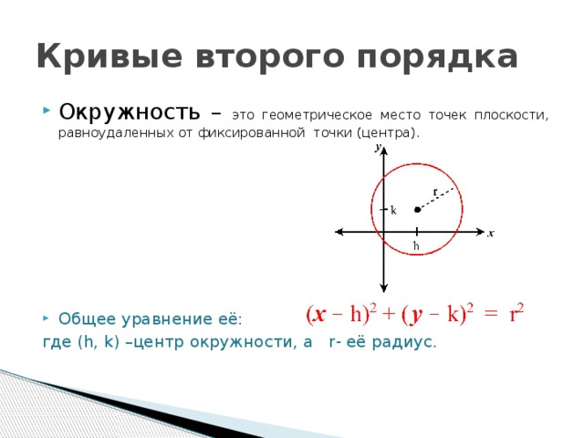 Кривые второго порядка Окружность – это геометрическое место точек плоскости, равноудаленных от фиксированной точки (центра). Общее уравнение её: где (h, k) –центр окружности, а r- её радиус. 