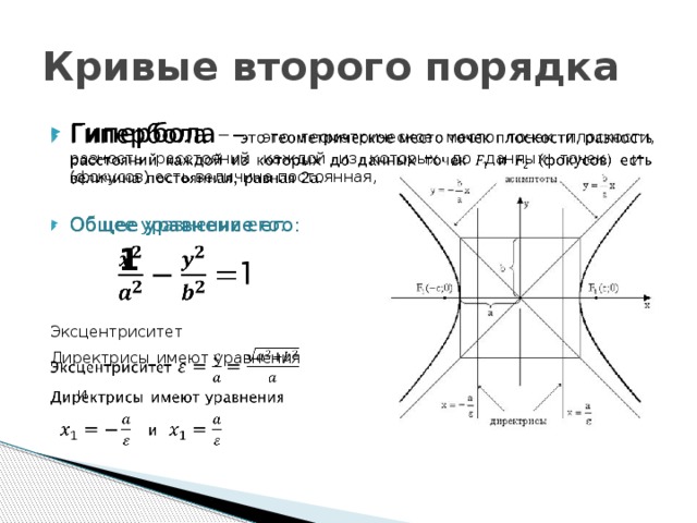 Кривые второго порядка   Гипербола – это геометрическое место точек плоскости, разность расстояний каждой из которых до данных точек и (фокусов) есть величина постоянная, равная 2а. Общее уравнение его:  1  Эксцентриситет Директрисы  имеют уравнения   и  