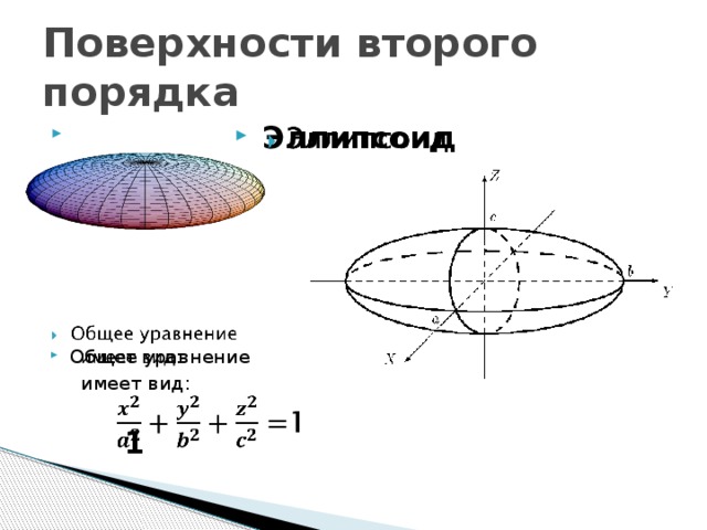 Поверхности второго порядка Эллипсоид    Общее уравнение  имеет вид:  1 