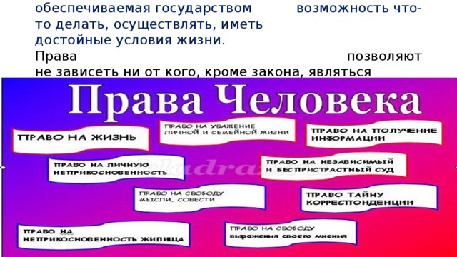  Права человека –это охраняемая, обеспечиваемая государством возможность что-то делать, осуществлять, иметь достойные условия жизни.  Права позволяют не зависеть ни от кого, кроме закона, являться свободным в проявлении своей воли).    