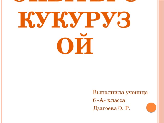Опыты с  кукурузой Выполнила ученица 6 «А» класса Дзагоева Э. Р. 