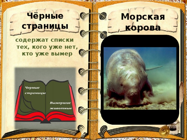 Чёрные страницы Морская корова содержат списки тех, кого уже нет, кто уже вымер 
