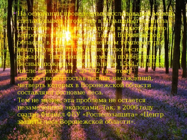 На основании проведенных исследований можно сделать вывод о том, что в большей степени на состояние экологии негативно влияют именно антропогенные пожары. Так, в Воронежской области, в связи с увеличением температуры воздуха увеличилось количество лесных пожаров. Так площади земель, подвергшихся лесным пожарам, достигали до 1584 га, в том числе верховыми – до 602 га. Этому способствовал состав лесных насаждений, четверть которых в Воронежской области составляют сосновые леса. Тем не менее, эта проблема не остается незамеченной экологами. Так, в 2006 году создан Филиал ФБУ «Рослесозащита» «Центр защиты леса Воронежской области». 