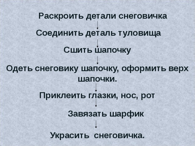 Раскроить детали снеговичка  Соединить деталь туловища Сшить шапочку  Одеть снеговику шапочку, оформить верх шапочки. Приклеить глазки, нос, рот  Завязать шарфик Украсить снеговичка. 