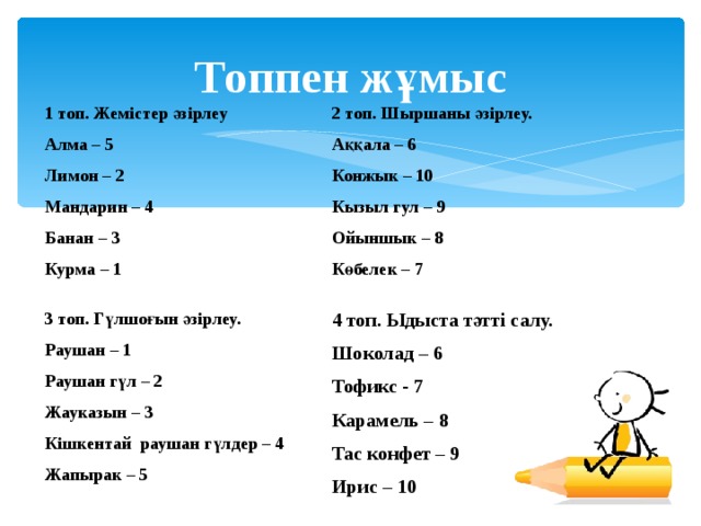 Топпен жұмыс 1 топ. Жемістер әзірлеу Алма – 5 Лимон – 2 Мандарин – 4 Банан – 3 Курма – 1   2 топ. Шыршаны әзірлеу. Аққала – 6 Конжык – 10 Кызыл гул – 9 Ойыншык – 8 Көбелек – 7   3 топ. Гүлшоғын әзірлеу. Раушан – 1 Раушан гүл – 2 Жауказын – 3 Кішкентай раушан гүлдер – 4 Жапырак – 5   4 топ. Ыдыста тәтті салу. Шоколад – 6 Тофикс - 7 Карамель – 8 Тас конфет – 9 Ирис – 10   