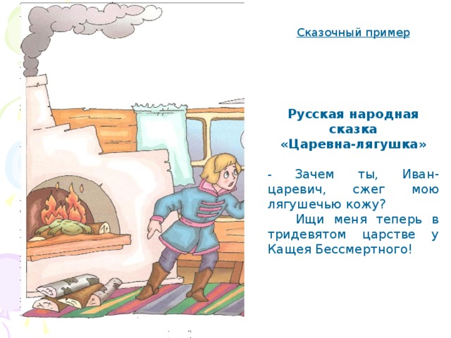 Сказочный пример  Русская народная сказка «Царевна-лягушка»  - Зачем ты, Иван-царевич, сжег мою лягушечью кожу?  Ищи меня теперь в тридевятом царстве у Кащея Бессмертного! 