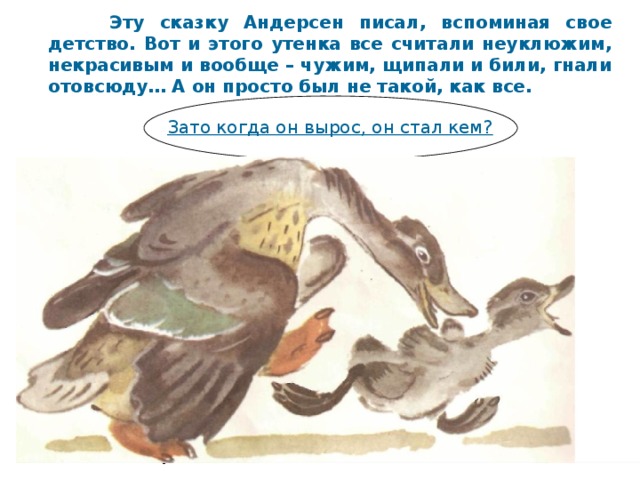  Эту сказку Андерсен писал, вспоминая свое детство. Вот и этого утенка все считали неуклюжим, некрасивым и вообще – чужим, щипали и били, гнали отовсюду… А он просто был не такой, как все. Зато когда он вырос, он стал кем? 