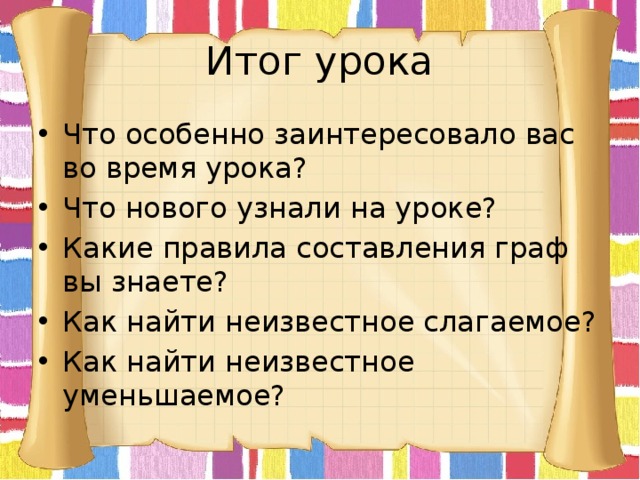 Итог урока Что особенно заинтересовало вас во время урока? Что нового узнали на уроке? Какие правила составления граф вы знаете? Как найти неизвестное слагаемое? Как найти неизвестное уменьшаемое? 