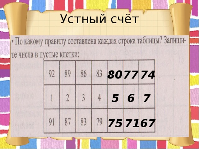 Устный счёт 80 77 74 5 6 7 75 71 67 