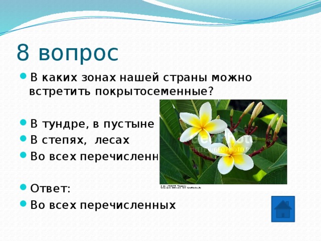 8 вопрос В каких зонах нашей страны можно встретить покрытосеменные? В тундре, в пустыне В степях, лесах Во всех перечисленных Ответ: Во всех перечисленных 