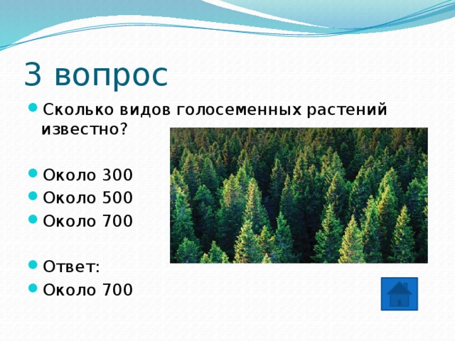 3 вопрос Сколько видов голосеменных растений известно? Около 300 Около 500 Около 700 Ответ: Около 700 